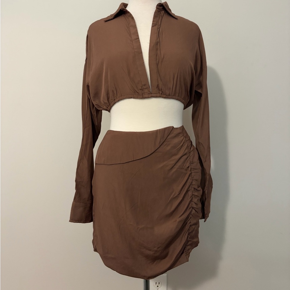 Elegant Brown Women's 2 piece top and skirt